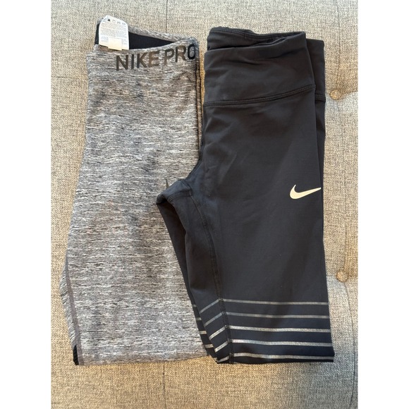 Nike 2 pair Pro DRI FIT Running Leggings Women's Size S Sports Tights Gray Black - Picture 1 of 9